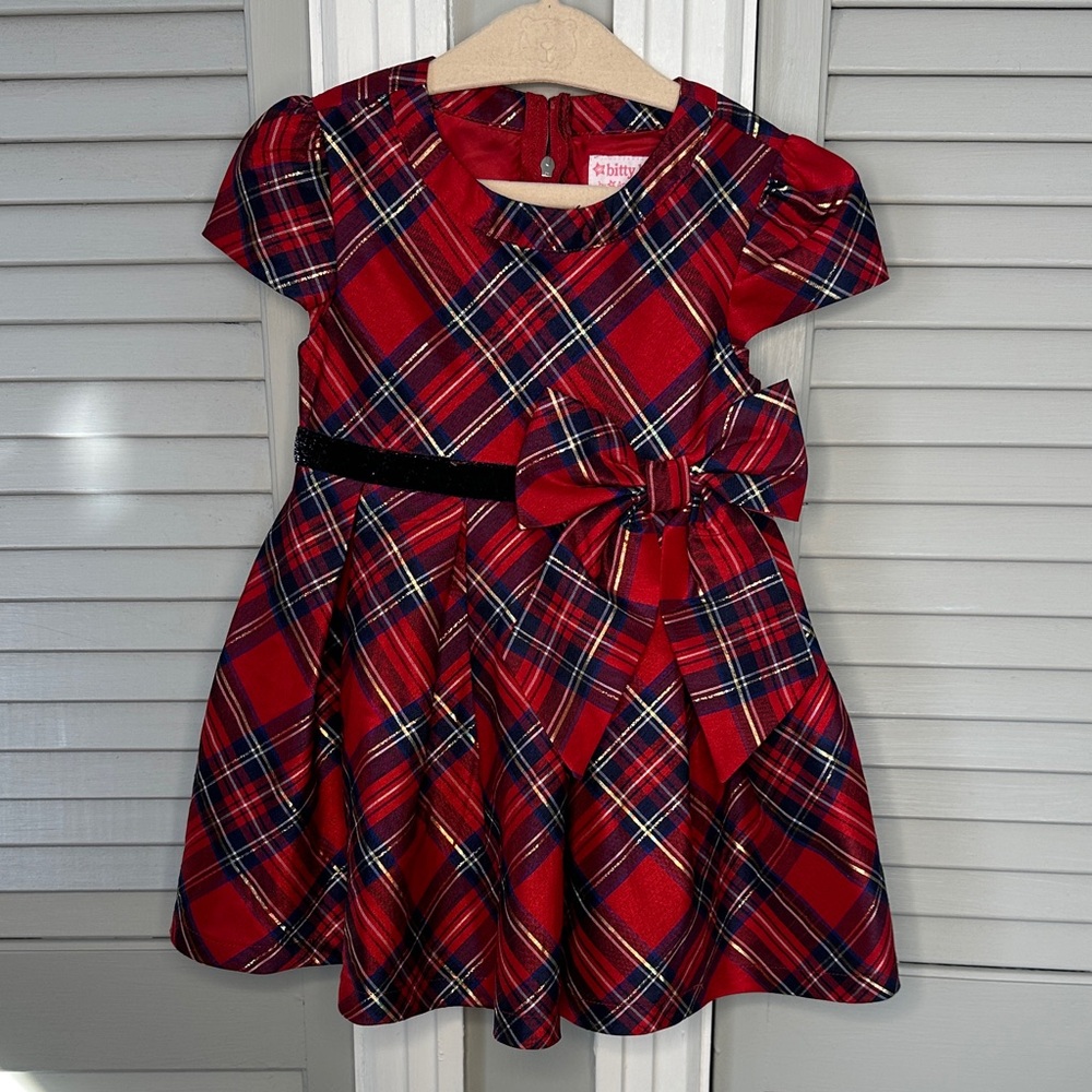 American Girl Red and Blue Tartan Plaid Short Sleeve Dress with Bow Bitty Baby